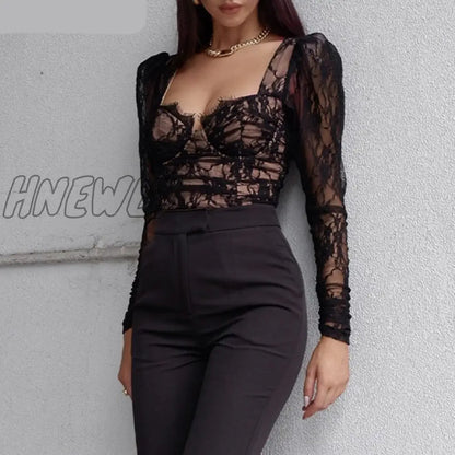 xsrrr Fashion Spring Summer Women Bustier Lace Tshirts V Neck Long Sleeve Transparent Office Lady Top Sexy Elegant High Street T-shirt Coachella Outfit