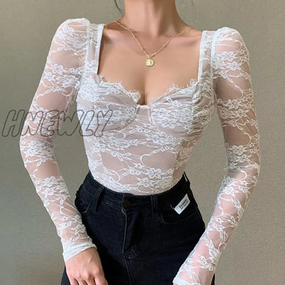 xsrrr Fashion Spring Summer Women Bustier Lace Tshirts V Neck Long Sleeve Transparent Office Lady Top Sexy Elegant High Street T-shirt Coachella Outfit