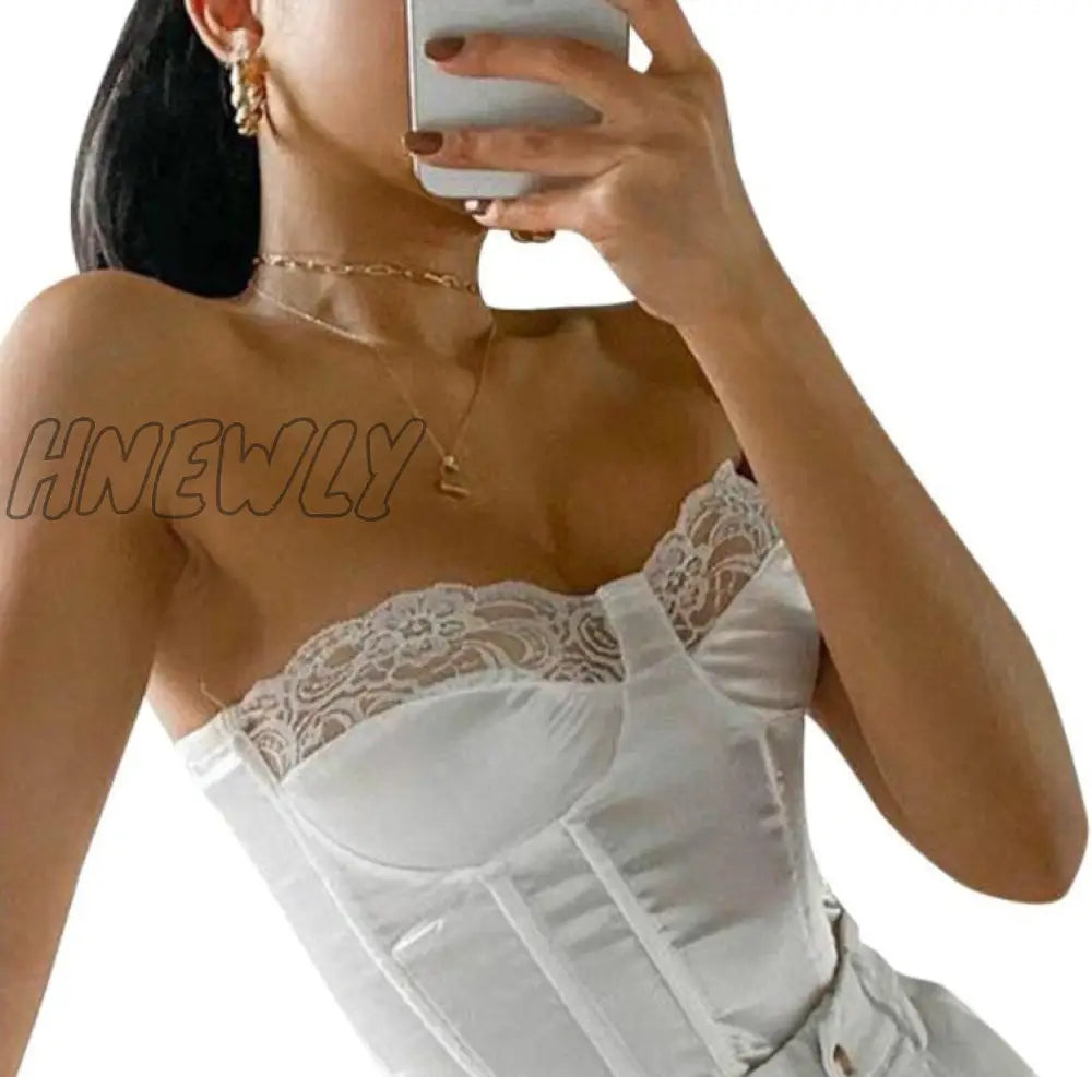 xsrrr Fashion Strapless Lace Satin Spliced Crop Top Elegant Women Back Zipper Summer Short Top Casual Street Club Sexy White Tank Top