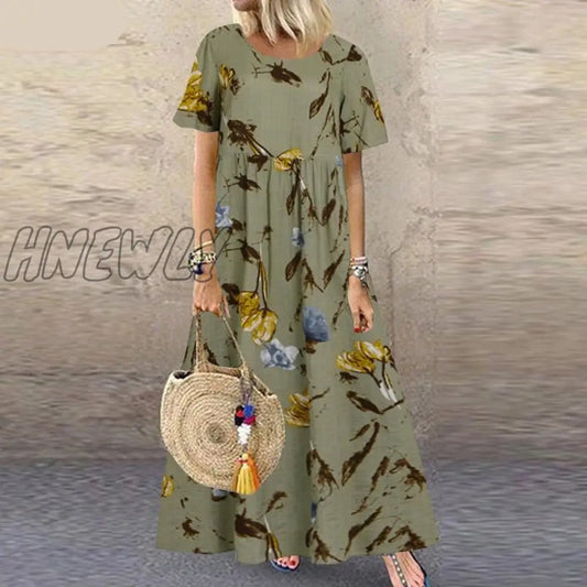 xsrrr Fashion Summer Maxi Dress Women's Printed Sundress Casual Short Sleeve Vestidos Female High Waist Robe Femme