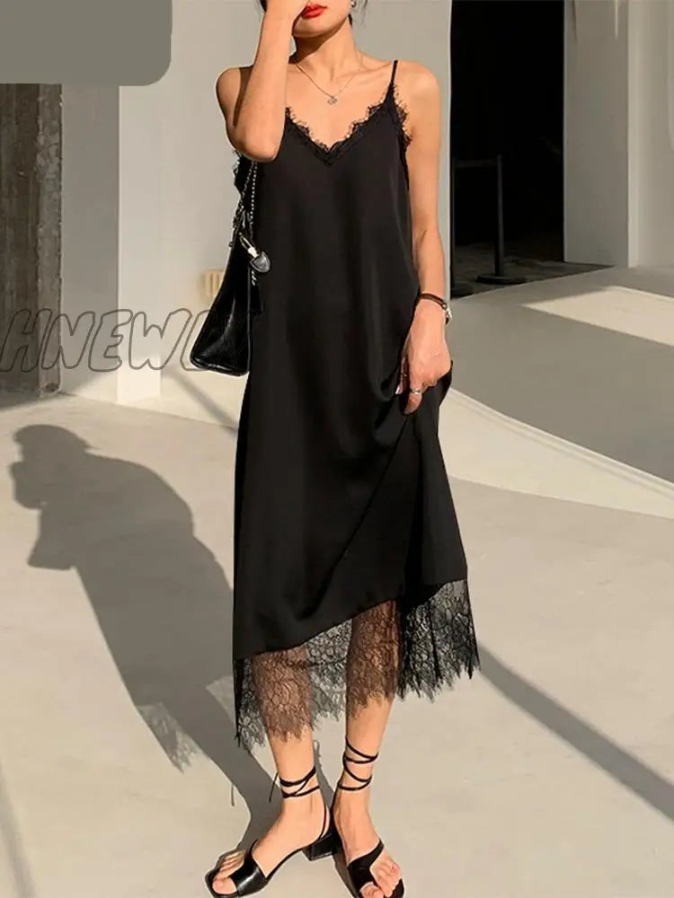 xsrrr Fashion Summer Women Satin Dresses Lace Patchwork Sleeveless Maxi Sundress Oversized Casual Solid Loose Vestido Robe