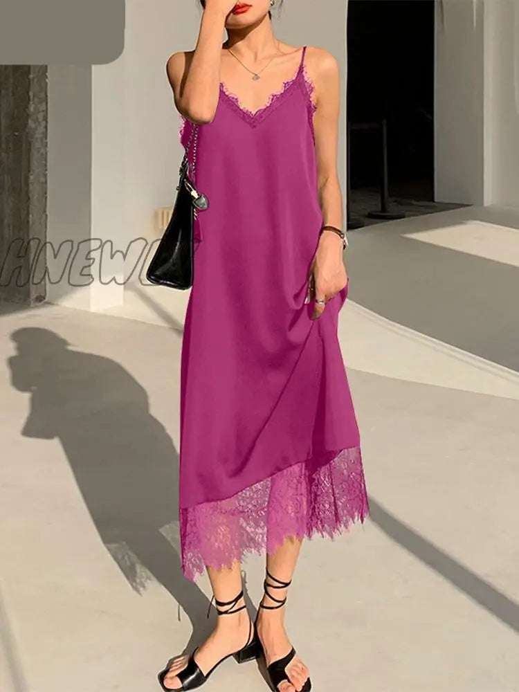 xsrrr Fashion Summer Women Satin Dresses Lace Patchwork Sleeveless Maxi Sundress Oversized Casual Solid Loose Vestido Robe