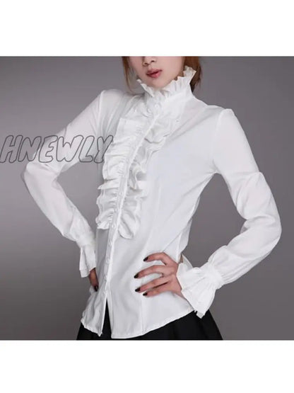 Hnewly Fashion Victorian Womens Tops Ruffles Long Sleeve Frill Solid Color OL Office Shirt Frilly Cuffs High Neck Blouse Autumn Tops