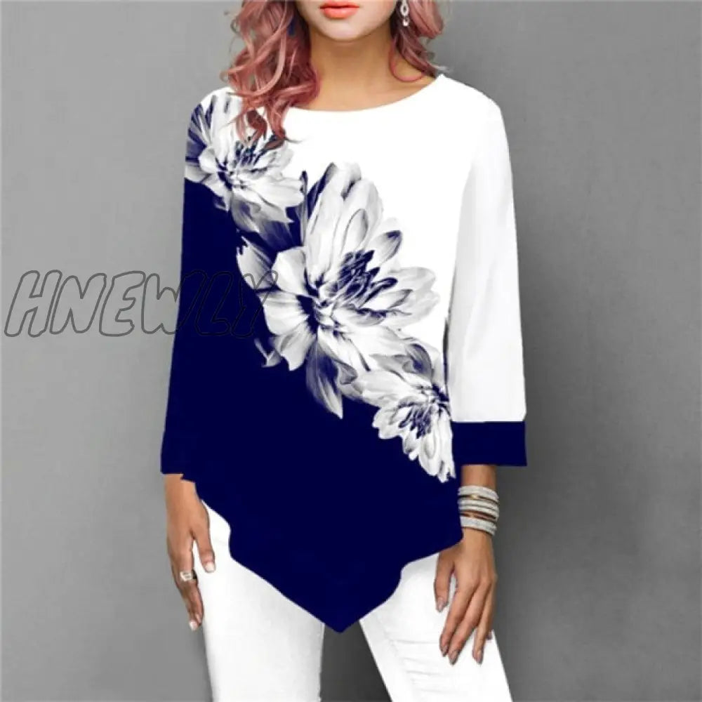 xsrrr Fashion Women New Spring Shirts Floral Print Irregular Hem Blouse 5XL Big Size Women Clothing Casual 3/4 Sleeve Shirt Oversized