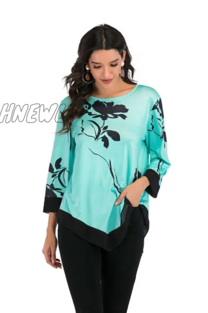 xsrrr Fashion Women New Spring Shirts Floral Print Irregular Hem Blouse 5XL Big Size Women Clothing Casual 3/4 Sleeve Shirt Oversized