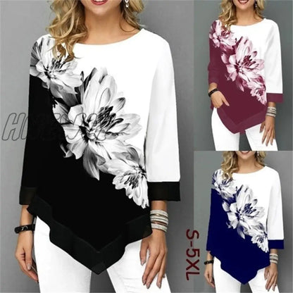 xsrrr Fashion Women New Spring Shirts Floral Print Irregular Hem Blouse 5XL Big Size Women Clothing Casual 3/4 Sleeve Shirt Oversized