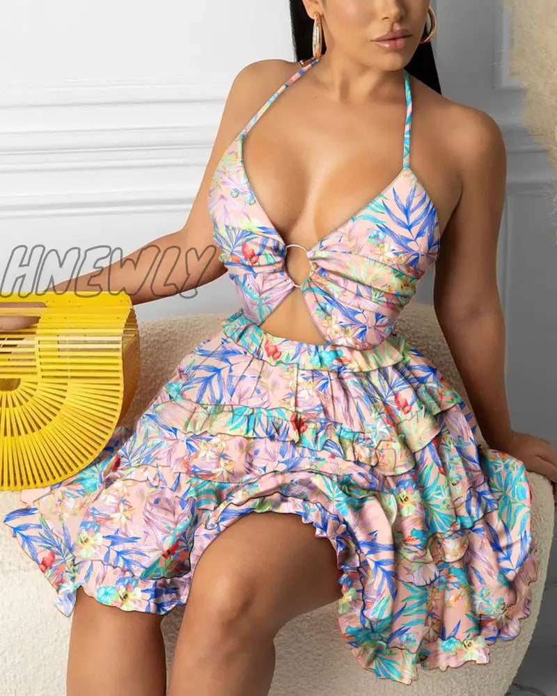 xsrrr Fashion Women Sexy Backless Halter Floral Print Mini Dress Beach Dresses O-ring Cut-out Backless Frill Hem Summer Short Dresses