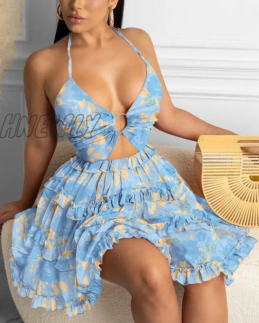 xsrrr Fashion Women Sexy Backless Halter Floral Print Mini Dress Beach Dresses O-ring Cut-out Backless Frill Hem Summer Short Dresses