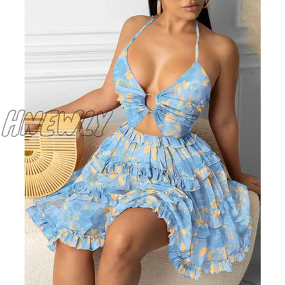 xsrrr Fashion Women Sexy Backless Halter Floral Print Mini Dress Beach Dresses O-ring Cut-out Backless Frill Hem Summer Short Dresses