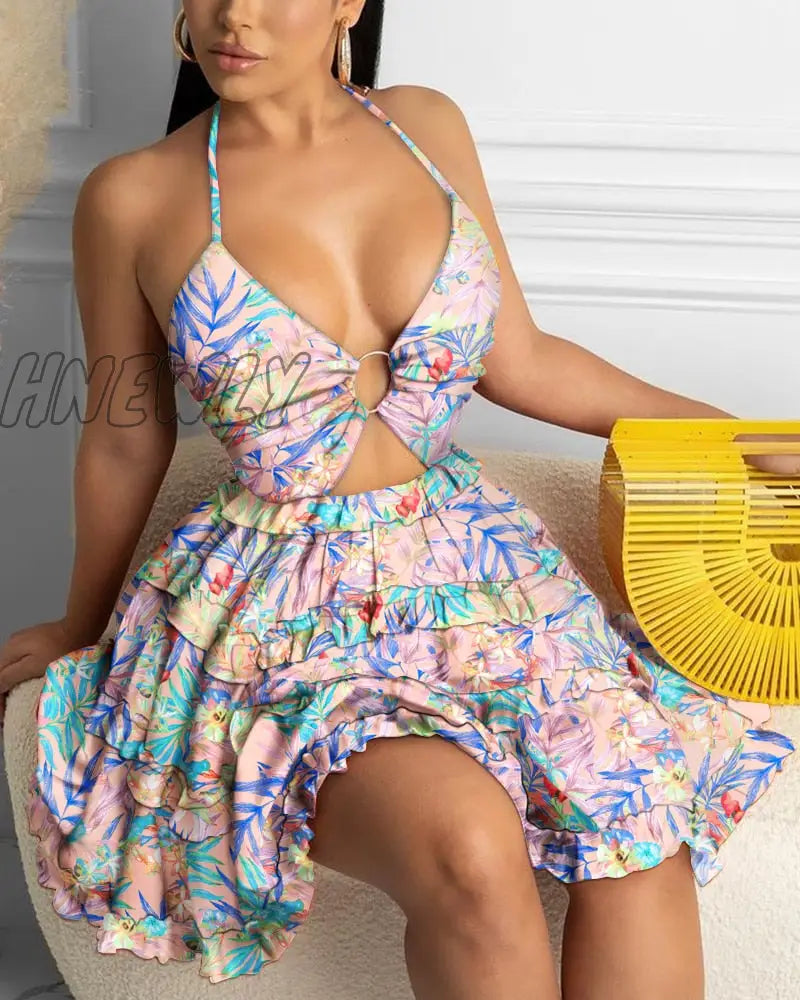 xsrrr Fashion Women Sexy Backless Halter Floral Print Mini Dress Beach Dresses O-ring Cut-out Backless Frill Hem Summer Short Dresses