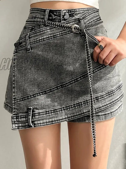 Hnewly Fashion Women's Denim Skirt New High Waist Irregular Chain Spliced Gray Above Knee Skirts Female Tide Summer 2024