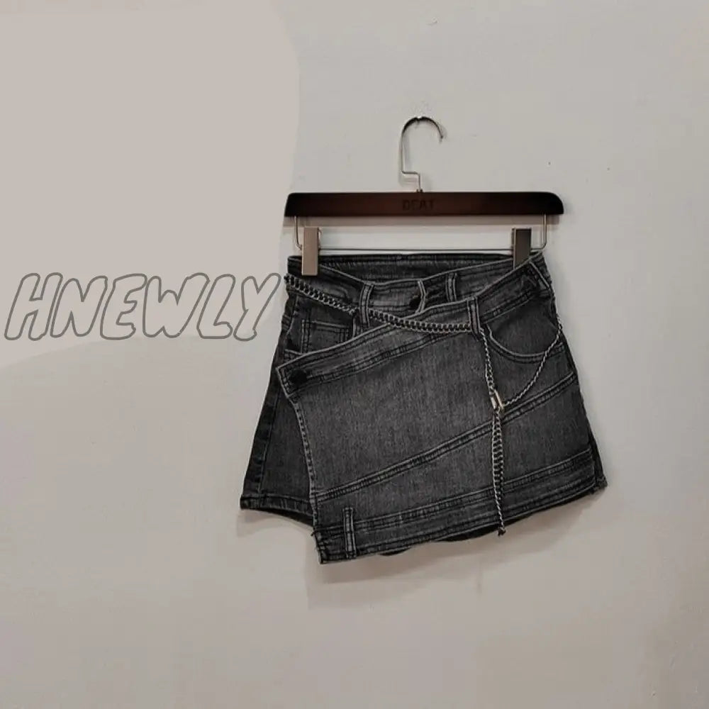 Hnewly Fashion Women's Denim Skirt New High Waist Irregular Chain Spliced Gray Above Knee Skirts Female Tide Summer 2024