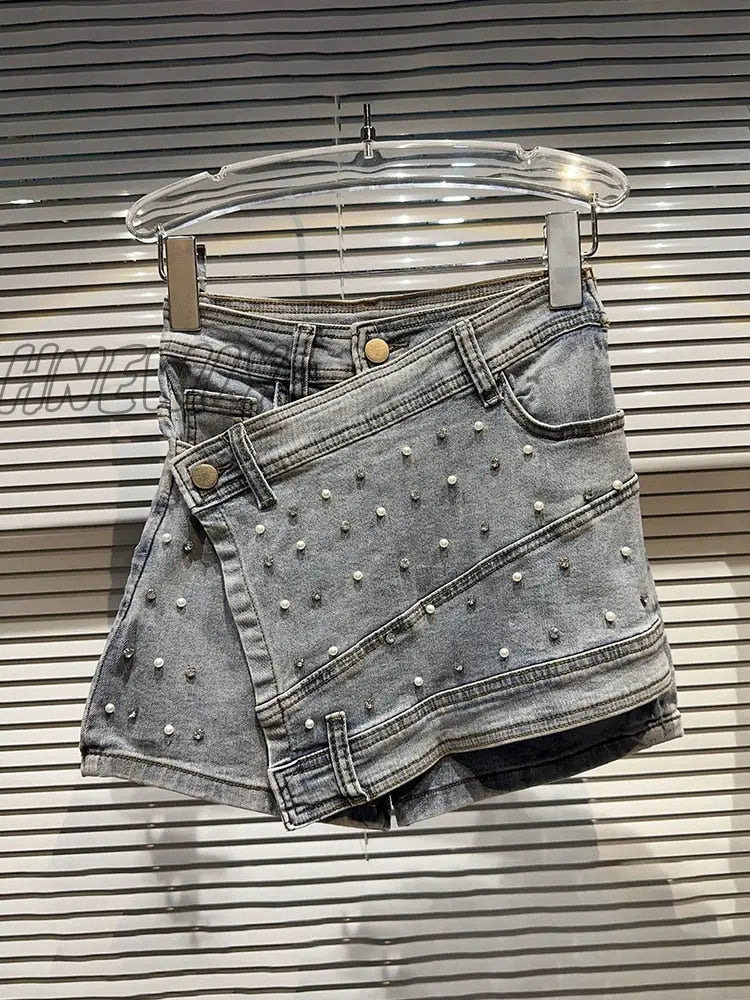 Hnewly Fashion Women's Denim Skirt New High Waist Irregular Chain Spliced Gray Above Knee Skirts Female Tide Summer 2024