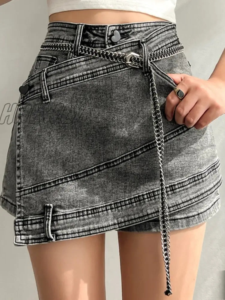 Hnewly Fashion Women's Denim Skirt New High Waist Irregular Chain Spliced Gray Above Knee Skirts Female Tide Summer 2024