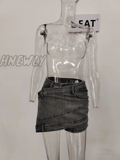 Hnewly Fashion Women's Denim Skirt New High Waist Irregular Chain Spliced Gray Above Knee Skirts Female Tide Summer 2024