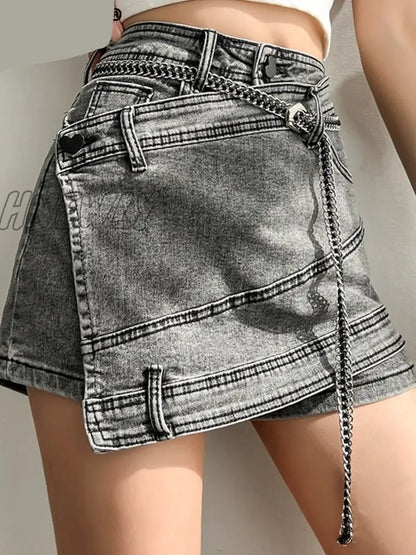 Hnewly Fashion Women's Denim Skirt New High Waist Irregular Chain Spliced Gray Above Knee Skirts Female Tide Summer 2024