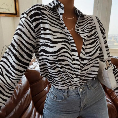 xsrrr Fashion Zebra Print Blouse Shirts Women Autumn Long Sleeve Lapel Shirts Beach Casual Loose Club Sexy Tops Blouses Female