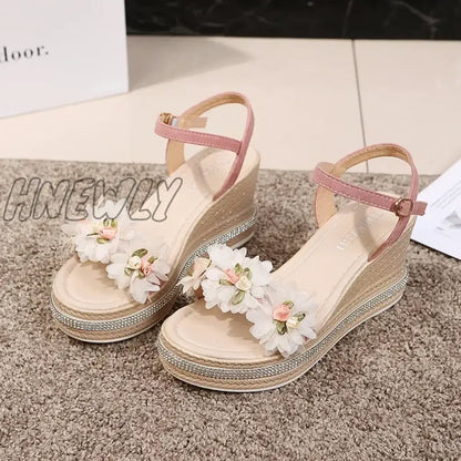 Hnewly Female Ankle Strap Buckle Rhinestone Crystal Sandals 2024 Summer Women Round Toe High Heels Fashion Ladies Wedges Shoes Gold