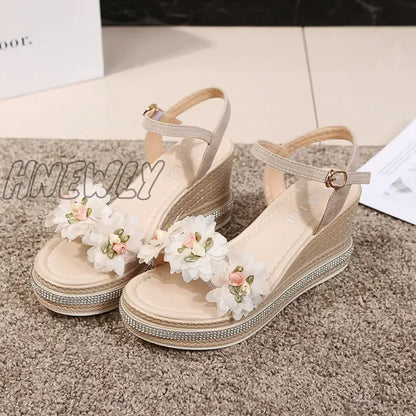 Hnewly Female Ankle Strap Buckle Rhinestone Crystal Sandals 2024 Summer Women Round Toe High Heels Fashion Ladies Wedges Shoes Gold