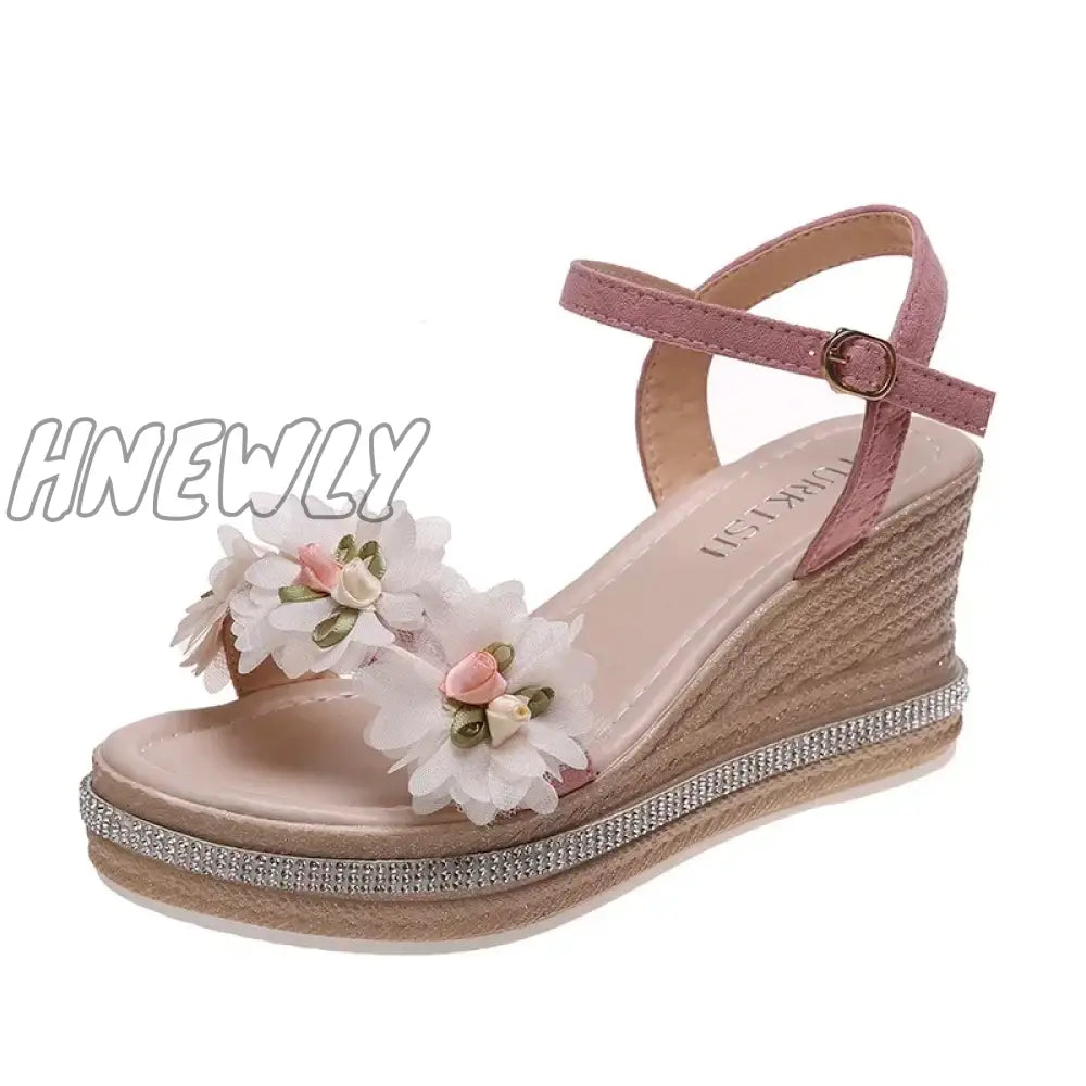 Hnewly Female Ankle Strap Buckle Rhinestone Crystal Sandals 2024 Summer Women Round Toe High Heels Fashion Ladies Wedges Shoes Gold