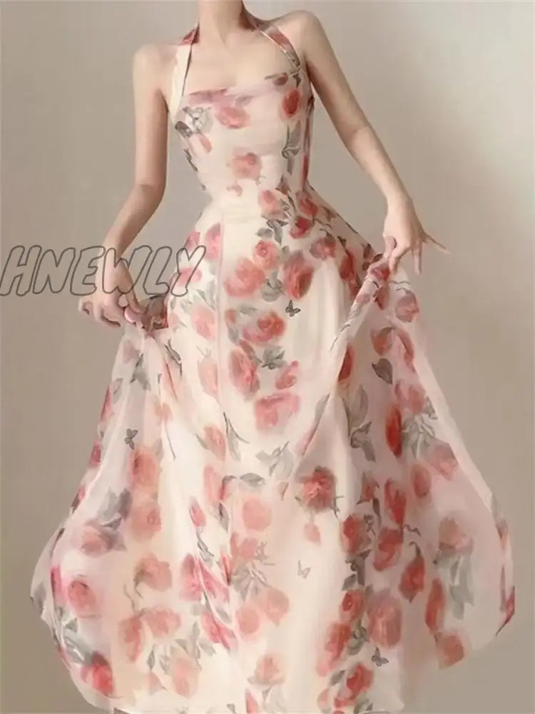 Hnewly Floral Dress for Women Sleeveless Party Ruffles Dress Slim Fit Fairycore Midi A Llne Neck Mounted New Spring Summer Dress