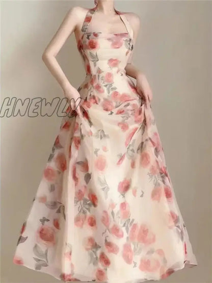 Hnewly Floral Dress for Women Sleeveless Party Ruffles Dress Slim Fit Fairycore Midi A Llne Neck Mounted New Spring Summer Dress