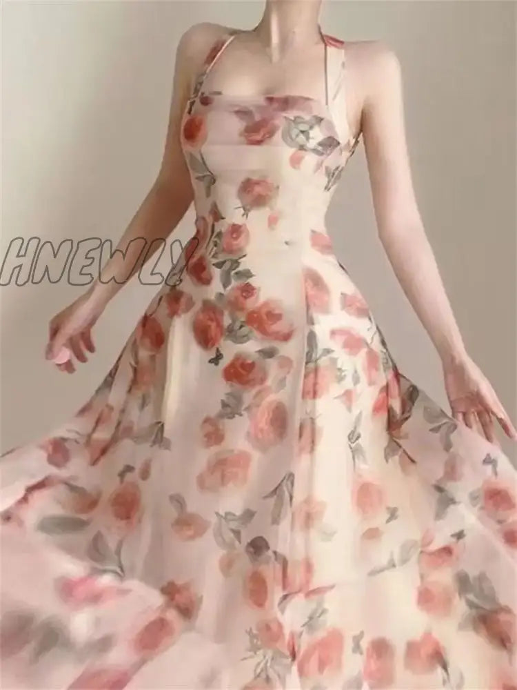 Hnewly Floral Dress for Women Sleeveless Party Ruffles Dress Slim Fit Fairycore Midi A Llne Neck Mounted New Spring Summer Dress