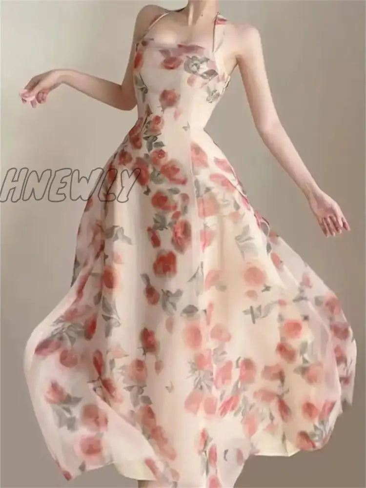 Hnewly Floral Dress for Women Sleeveless Party Ruffles Dress Slim Fit Fairycore Midi A Llne Neck Mounted New Spring Summer Dress