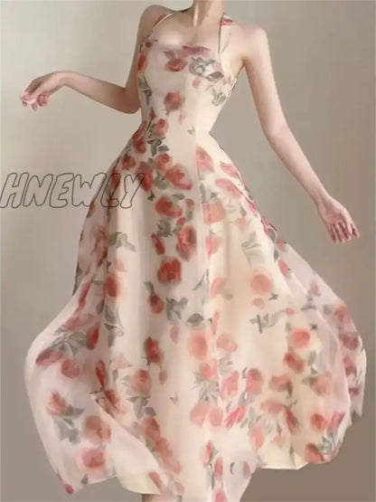 Hnewly Floral Dress for Women Sleeveless Party Ruffles Dress Slim Fit Fairycore Midi A Llne Neck Mounted New Spring Summer Dress