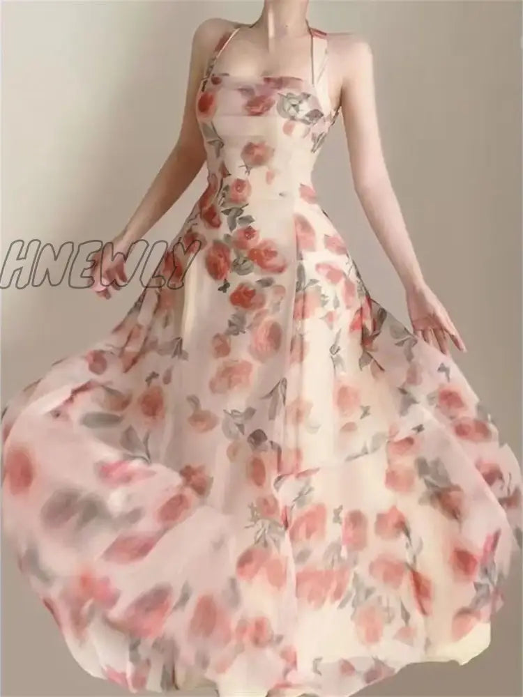 Hnewly Floral Dress for Women Sleeveless Party Ruffles Dress Slim Fit Fairycore Midi A Llne Neck Mounted New Spring Summer Dress