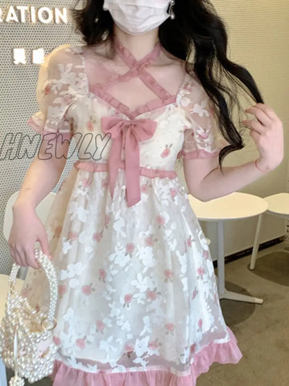 xsrrr Floral Kawaii Lolita Party Mini Dress Women Print Korean Style Sweet Cute Fairy Dress Japanese Casual Elegant Dress Summer