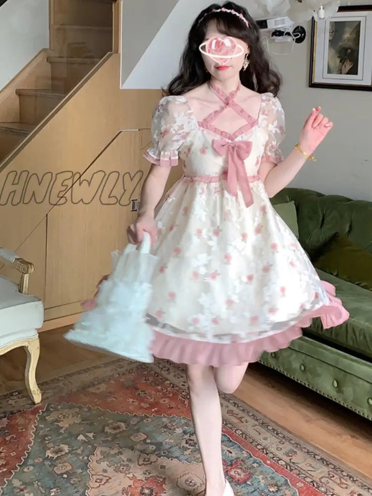 xsrrr Floral Kawaii Lolita Party Mini Dress Women Print Korean Style Sweet Cute Fairy Dress Japanese Casual Elegant Dress Summer