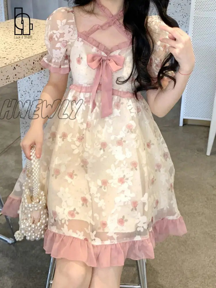 xsrrr Floral Kawaii Lolita Party Mini Dress Women Print Korean Style Sweet Cute Fairy Dress Japanese Casual Elegant Dress Summer