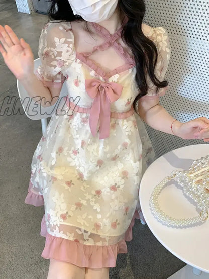 xsrrr Floral Kawaii Lolita Party Mini Dress Women Print Korean Style Sweet Cute Fairy Dress Japanese Casual Elegant Dress Summer