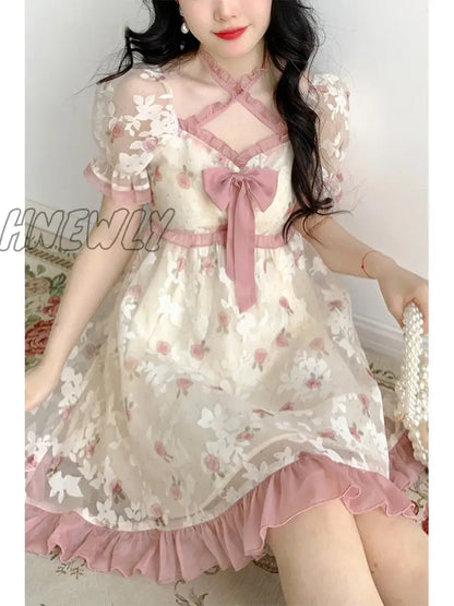 xsrrr Floral Kawaii Lolita Party Mini Dress Women Print Korean Style Sweet Cute Fairy Dress Japanese Casual Elegant Dress Summer