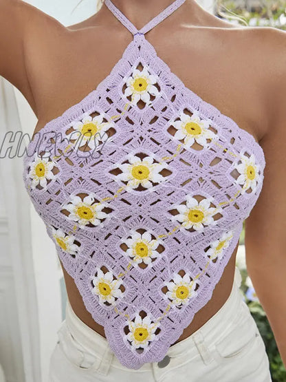 xsrrr Floral Printed Camis For Women Summer Cute Y2k Tops Sexy Knitted Cropped Camisole Backless Purple Crochet Halter Top