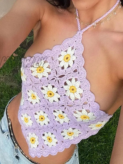 xsrrr Floral Printed Camis For Women Summer Cute Y2k Tops Sexy Knitted Cropped Camisole Backless Purple Crochet Halter Top