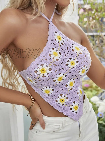 xsrrr Floral Printed Camis For Women Summer Cute Y2k Tops Sexy Knitted Cropped Camisole Backless Purple Crochet Halter Top