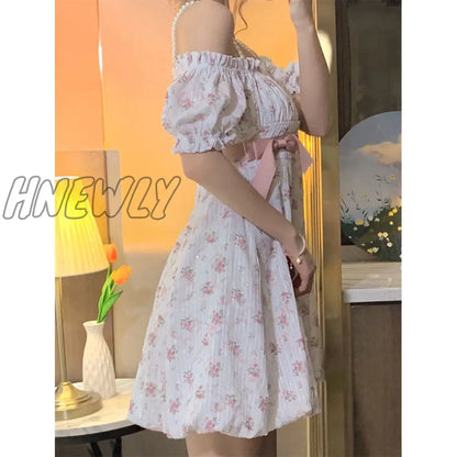 xsrrr Floral Strap Fairy Dress Women French Sweet Princess Holiday Party Dress Female Summer Casual Beach Sexy Mini Dress Korean