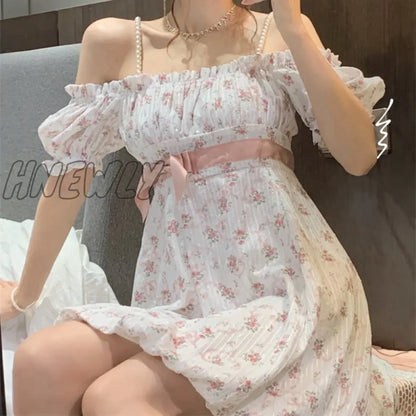 xsrrr Floral Strap Fairy Dress Women French Sweet Princess Holiday Party Dress Female Summer Casual Beach Sexy Mini Dress Korean