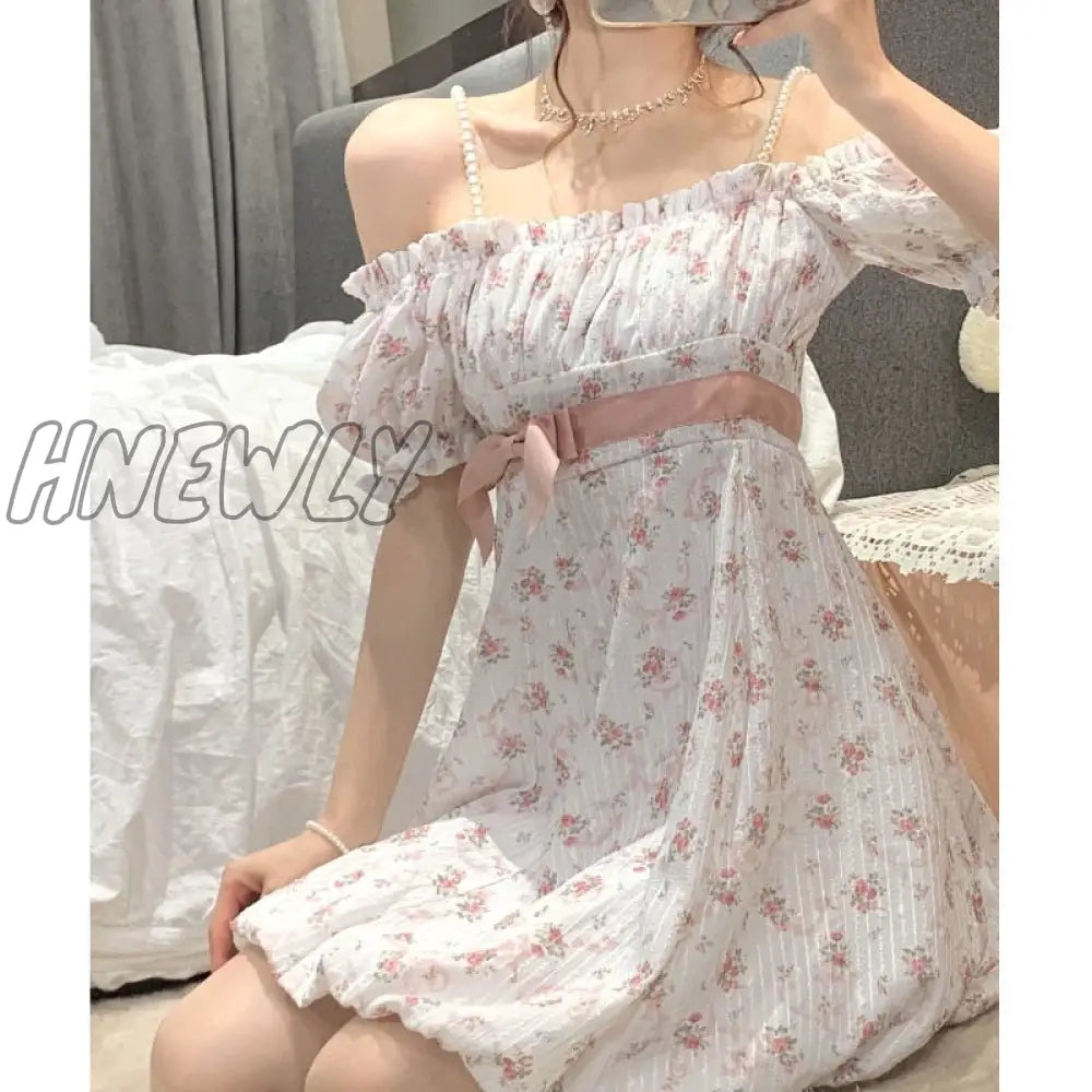 xsrrr Floral Strap Fairy Dress Women French Sweet Princess Holiday Party Dress Female Summer Casual Beach Sexy Mini Dress Korean