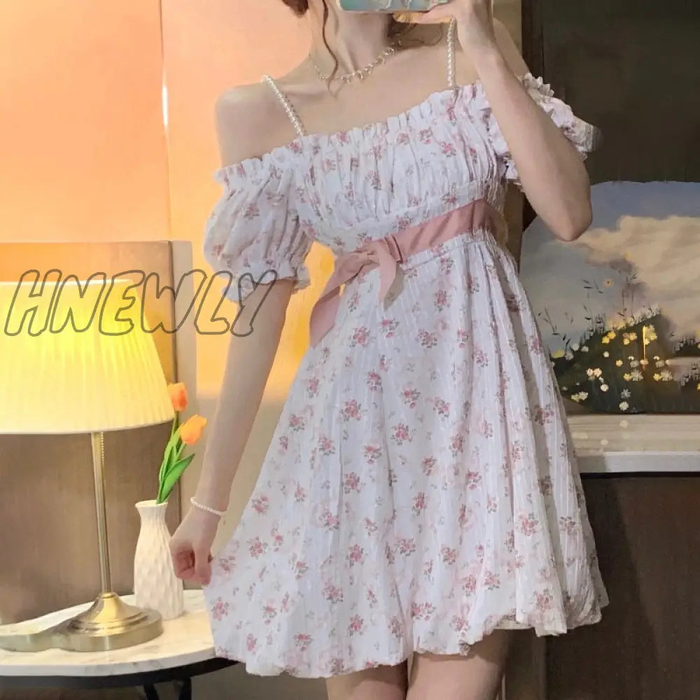 xsrrr Floral Strap Fairy Dress Women French Sweet Princess Holiday Party Dress Female Summer Casual Beach Sexy Mini Dress Korean