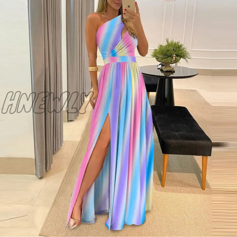 xsrrr Formal One Shouler High Slit Women Slim Dress Elegant Female Howllow Out Maxi Ball Dress Summer Sexy Lady Wedding Party Dress Vestido New Year