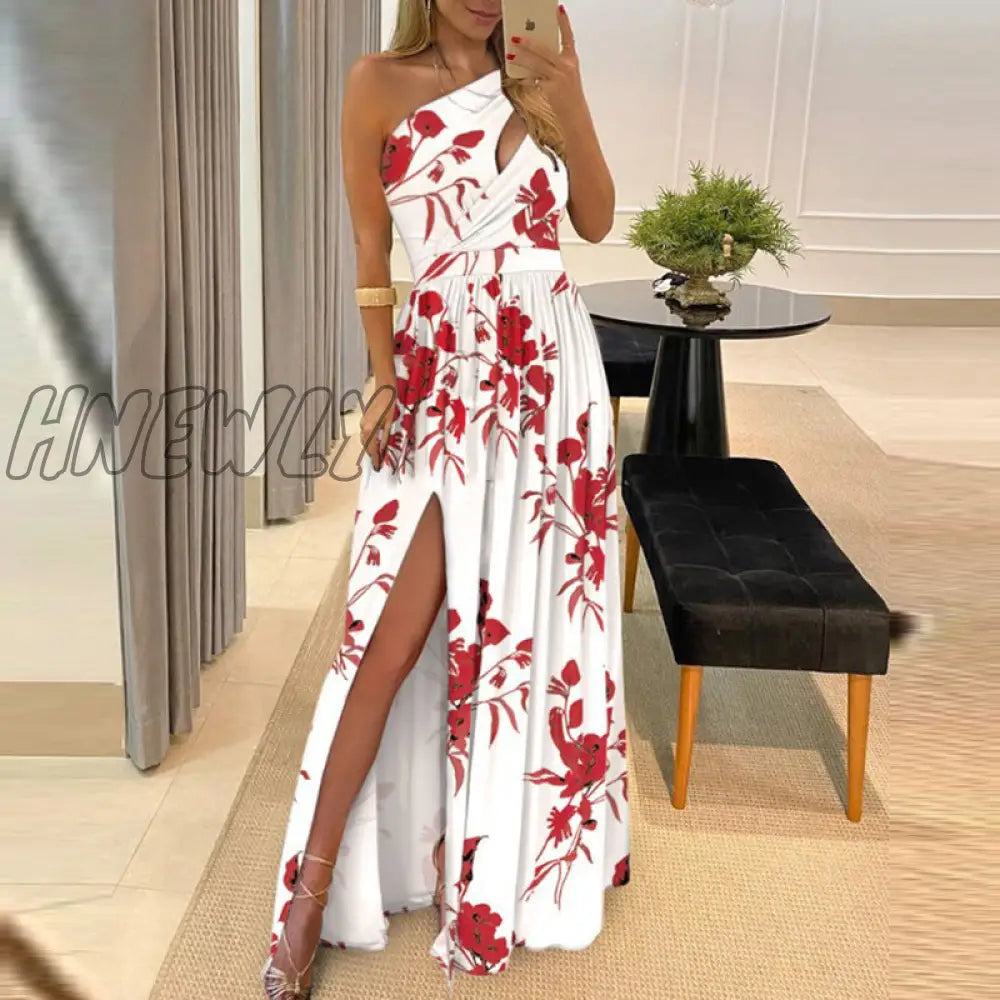 xsrrr Formal One Shouler High Slit Women Slim Dress Elegant Female Howllow Out Maxi Ball Dress Summer Sexy Lady Wedding Party Dress Vestido New Year