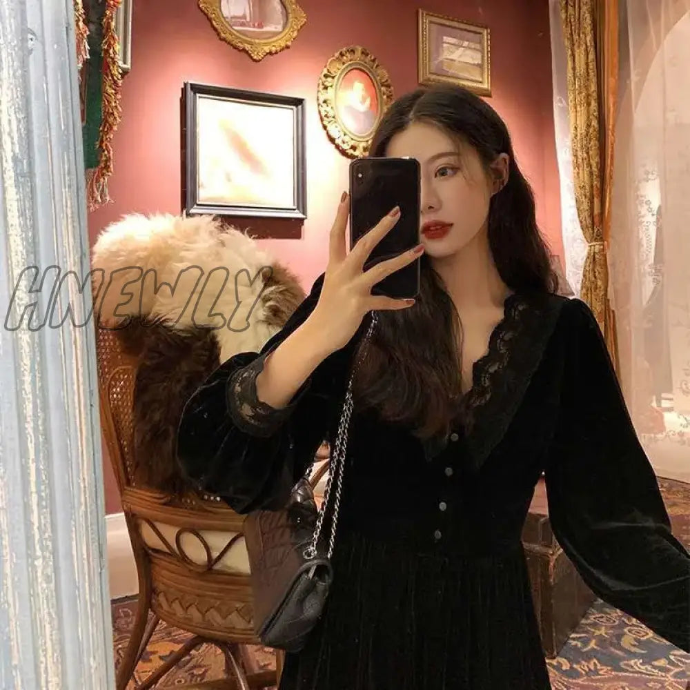 Hnewly French Vintage Dress Women Lace Velvet Black Elegant Party Dress Female Autumn 2020 High Waist Long Sleeve Midi Gothic Dress