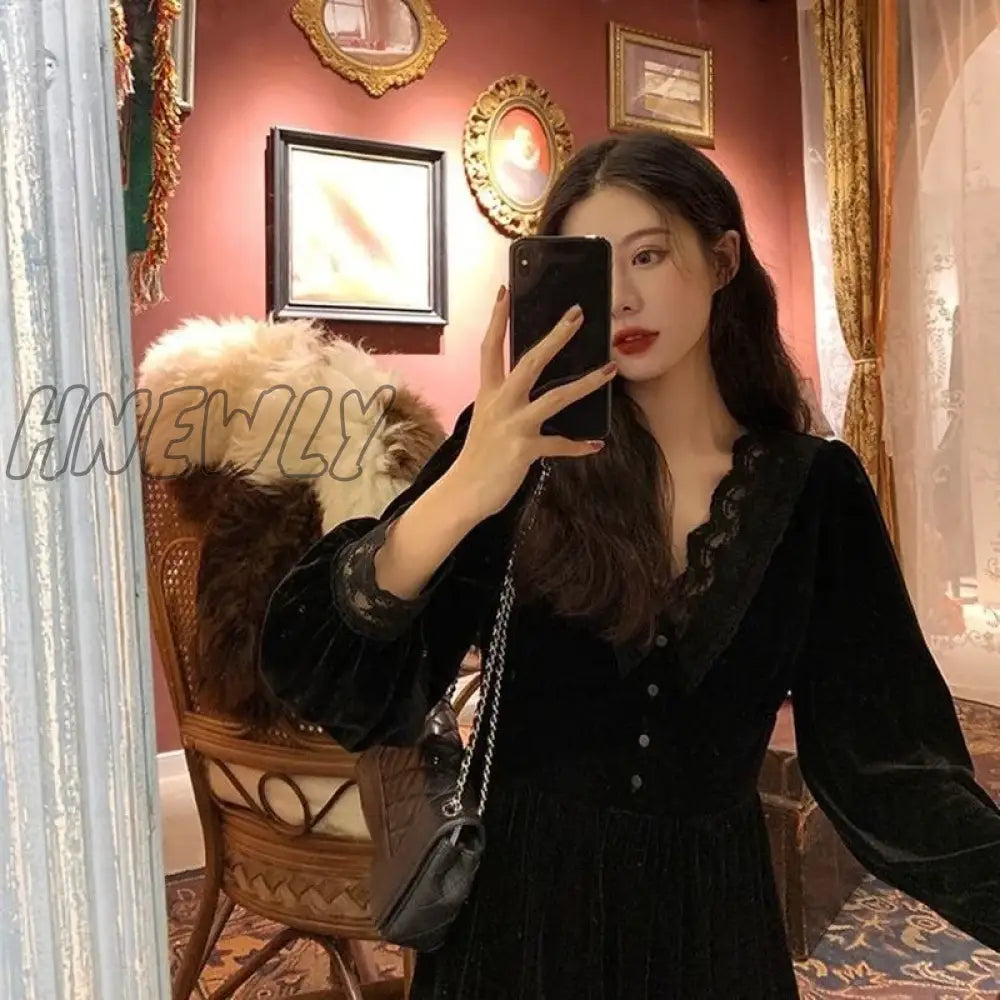 Hnewly French Vintage Dress Women Lace Velvet Black Elegant Party Dress Female Autumn 2020 High Waist Long Sleeve Midi Gothic Dress