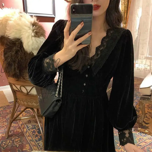 Hnewly French Vintage Dress Women Lace Velvet Black Elegant Party Dress Female Autumn 2020 High Waist Long Sleeve Midi Gothic Dress