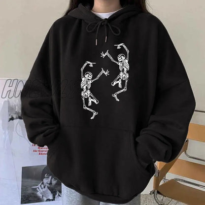 xsrrr Funny Dancing Skeleton Skull Print Women Hoodies Oversized Crewneck Hooded Sweatshirt Harajuku Drop Shoulder Halloween Hoodie