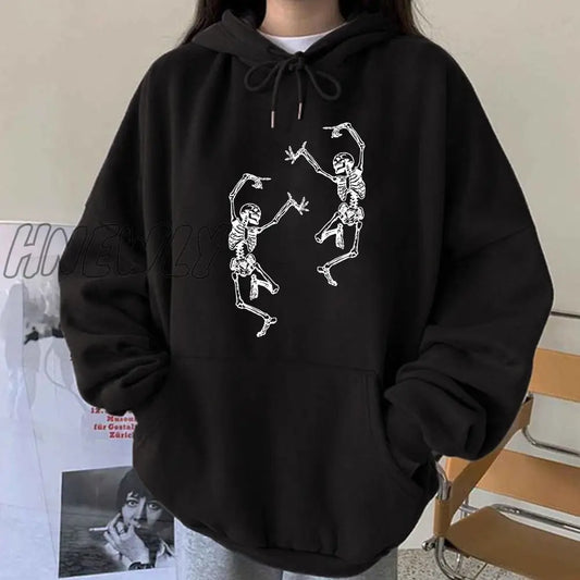 xsrrr Funny Dancing Skeleton Skull Print Women Hoodies Oversized Crewneck Hooded Sweatshirt Harajuku Drop Shoulder Halloween Hoodie