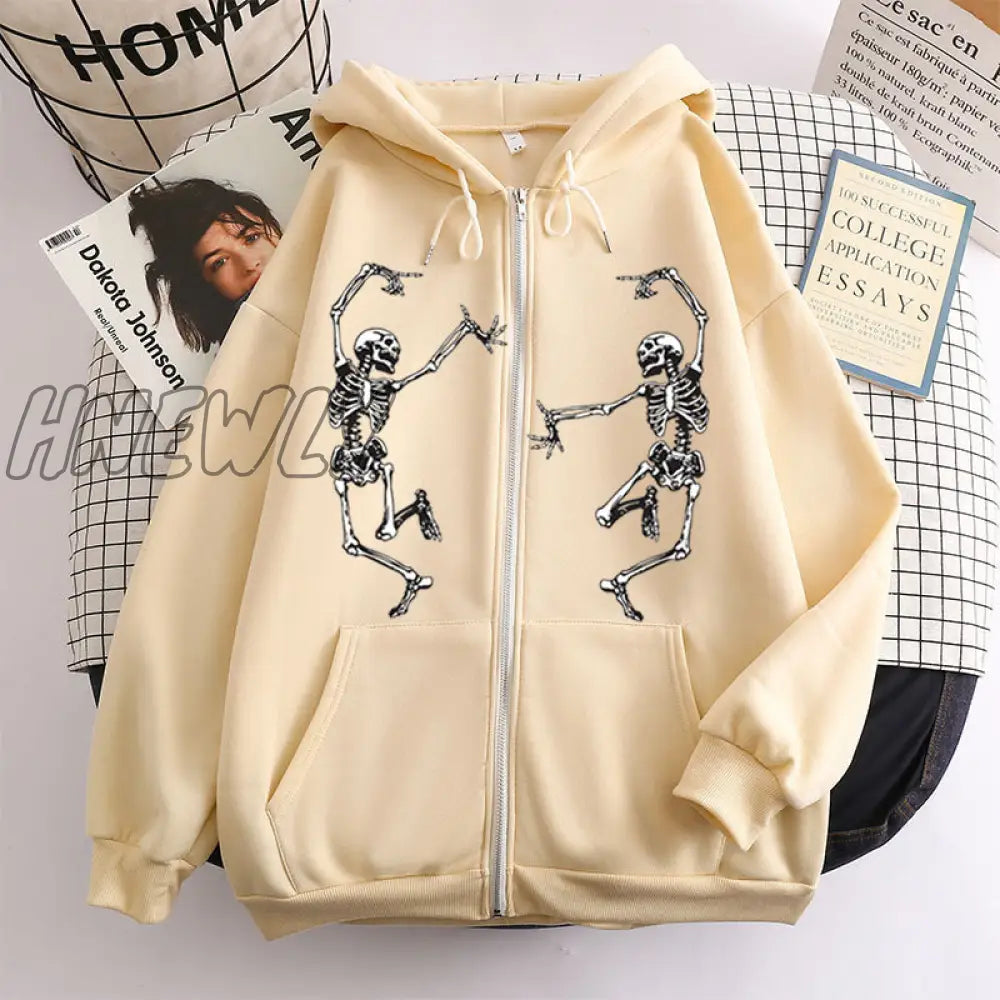 xsrrr Funny Dancing Skeleton Skull Print Women Hoodies Oversized Crewneck Hooded Sweatshirt Harajuku Drop Shoulder Halloween Hoodie